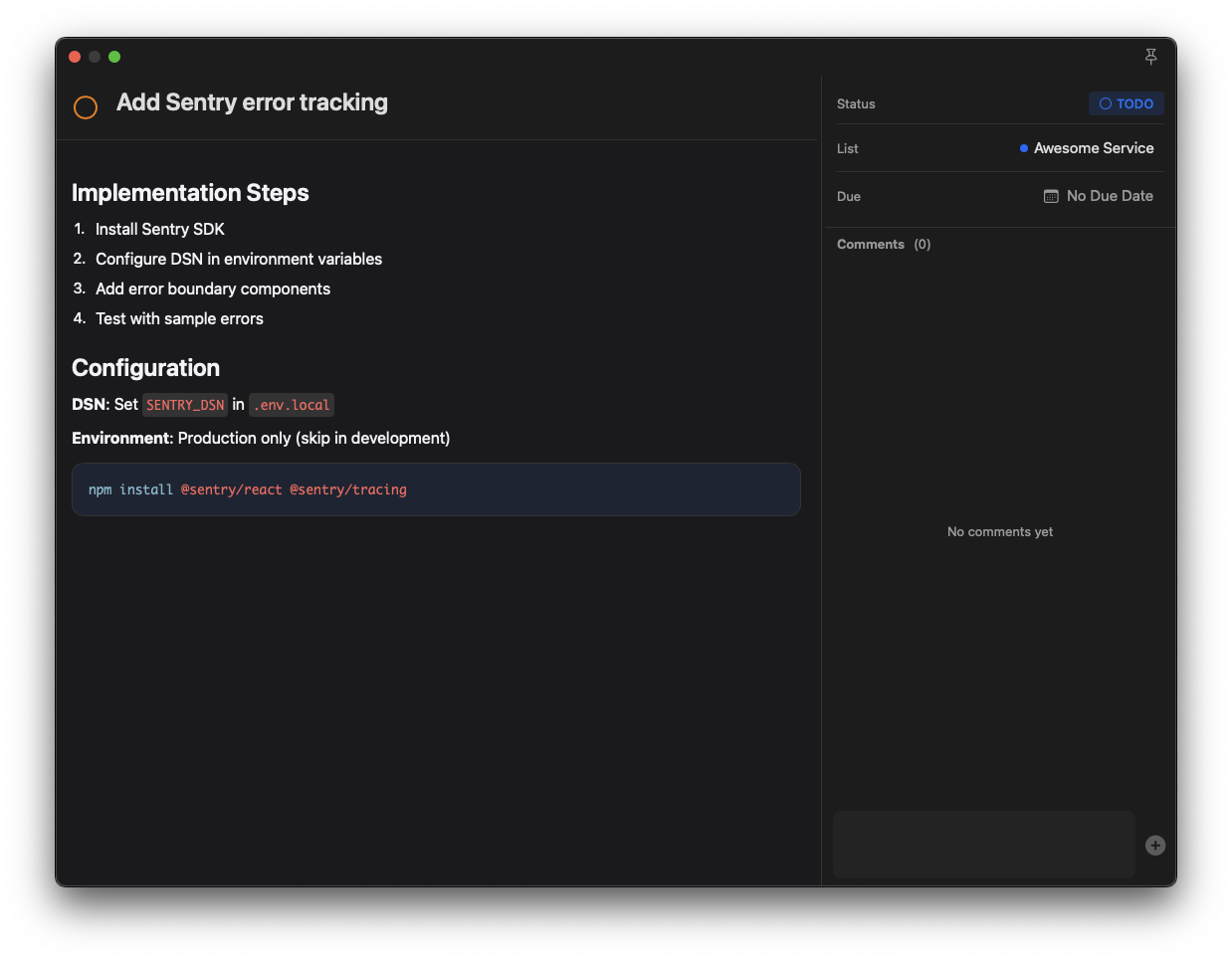 Vigilare WYSIWYG Markdown editor showing rich text formatting with bold, italic, code blocks, and checklists for detailed task notes