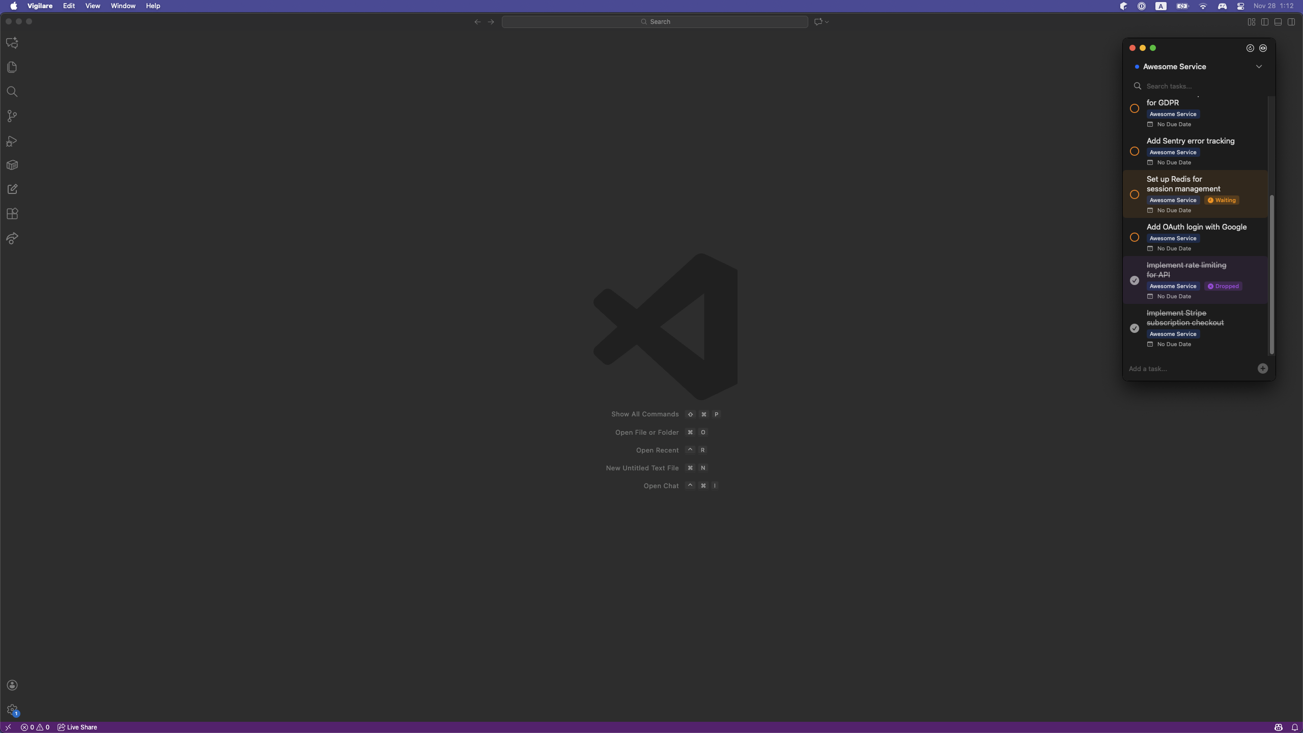 Vigilare floating reminders window showing Apple Reminders tasks always on top of macOS desktop with adjustable opacity and minimal design