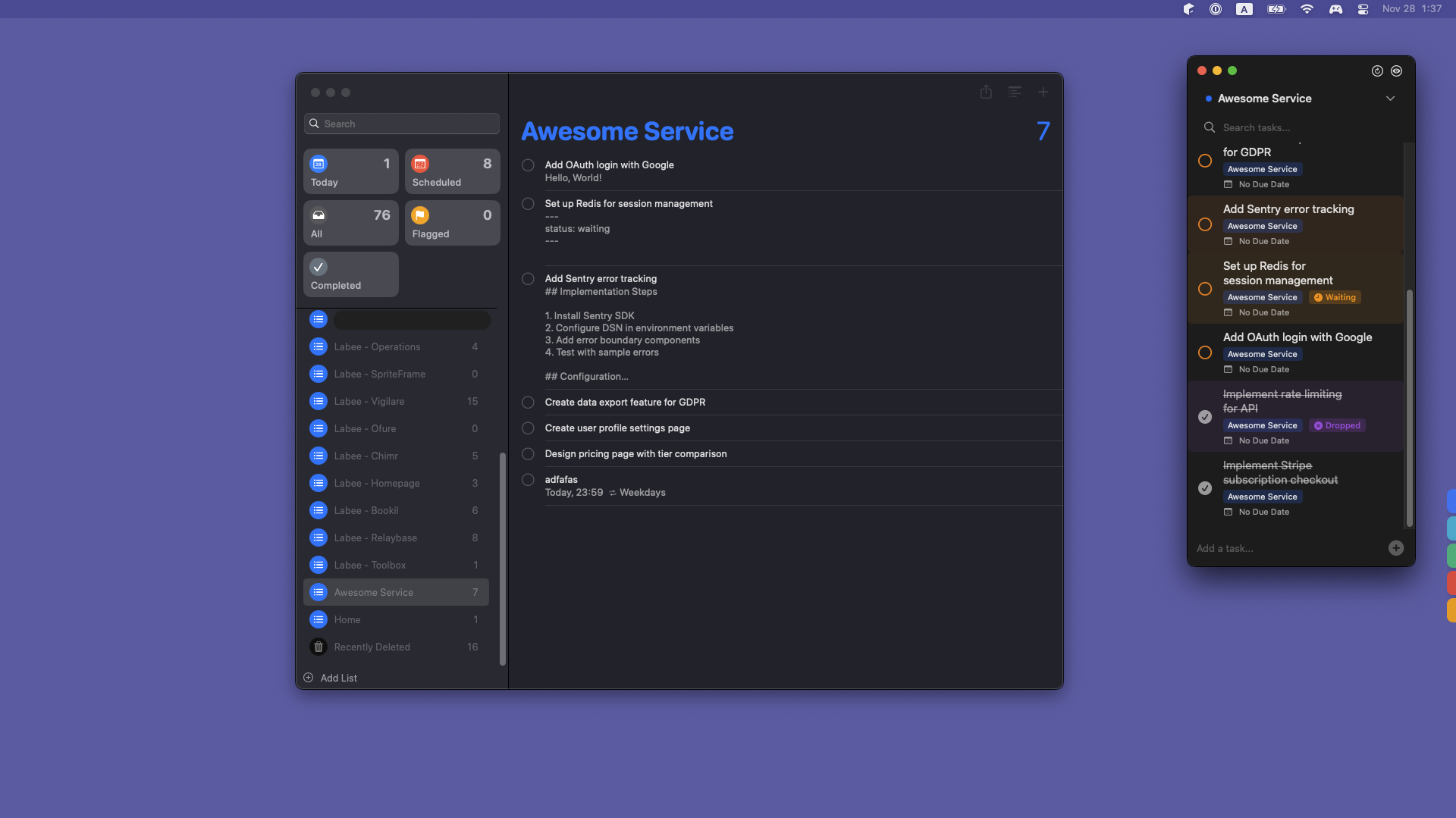 Vigilare native integration with Apple Reminders showing seamless iCloud sync across iPhone, iPad, and Mac devices