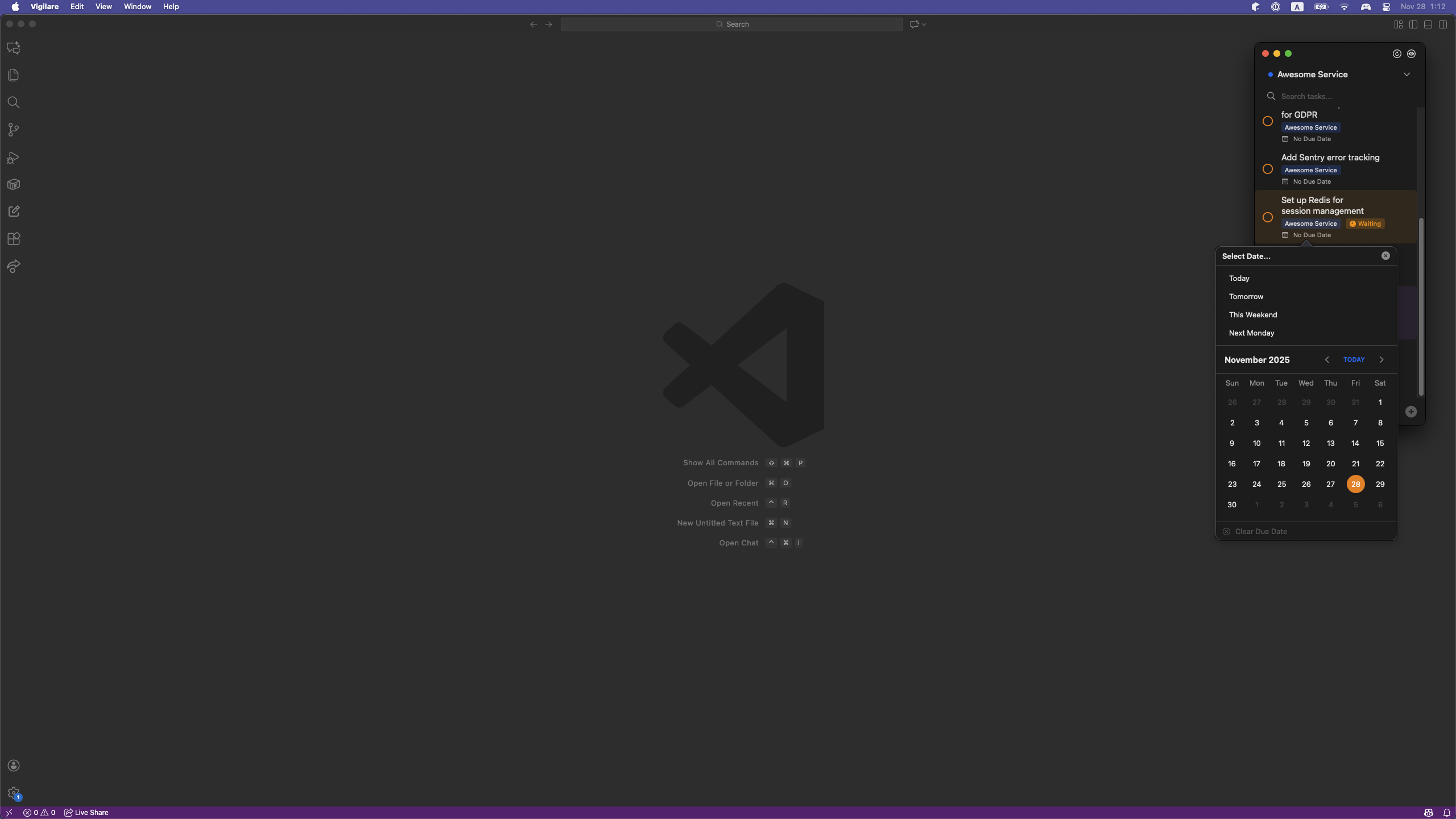 Vigilare quick actions showing keyboard shortcuts: Space to complete tasks, Enter to edit, and quick date rescheduling