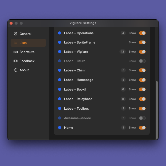 Vigilare list archiving feature showing how to hide completed project lists while keeping your history accessible